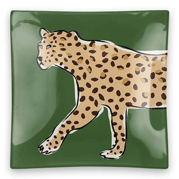 Walking Leopard Square Glass Trinket Tray (Pink, Green or Coral)