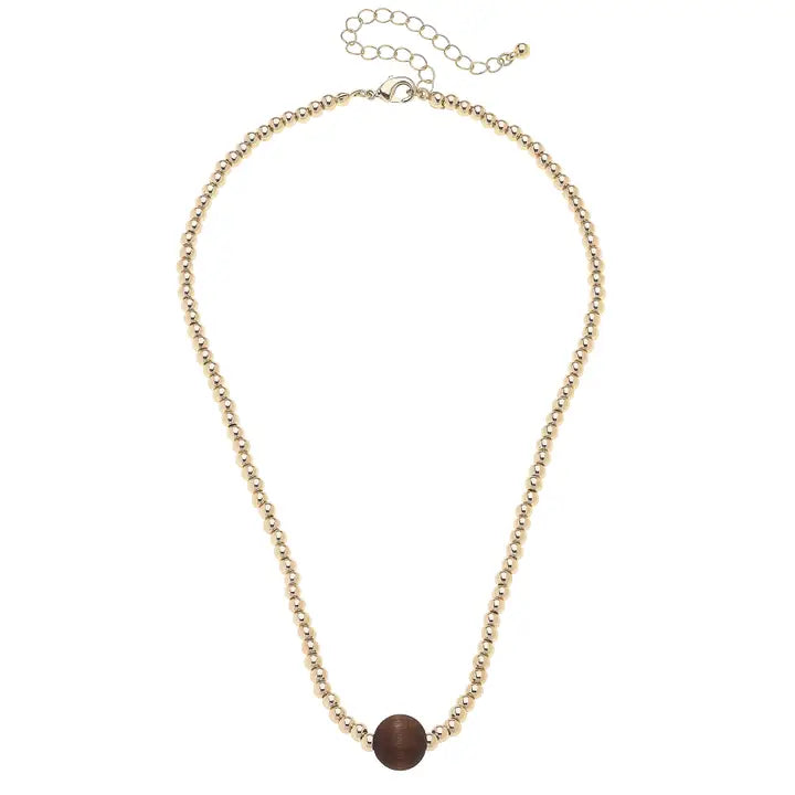 Wren Wood Ball Bead Necklace in Shiny Gold