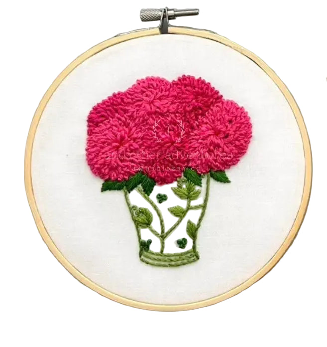Hand Embroidery Kit - Hot Pink Dahlias in Green Ginger Jar