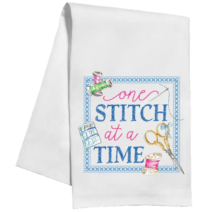 Kitchen Towel - One Stitch at a Time Blue Border and Needlepoint Icon