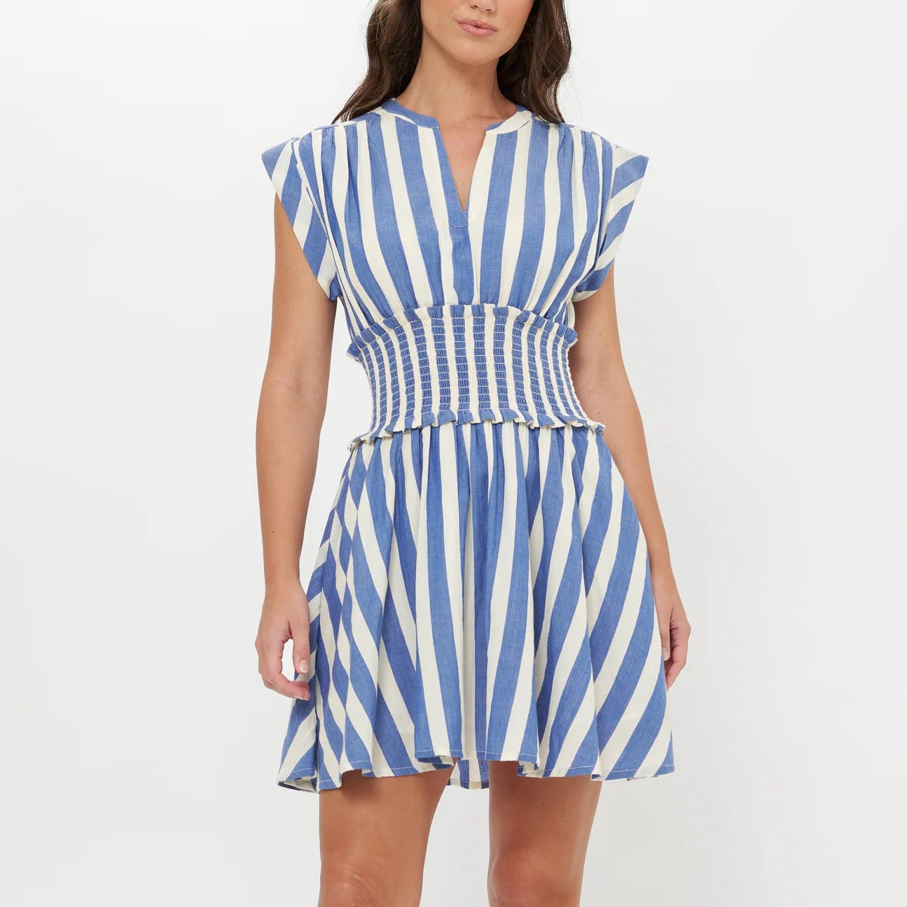 Oliphant Smocked Waist Roll Sleeve Dress - Solana Blue
