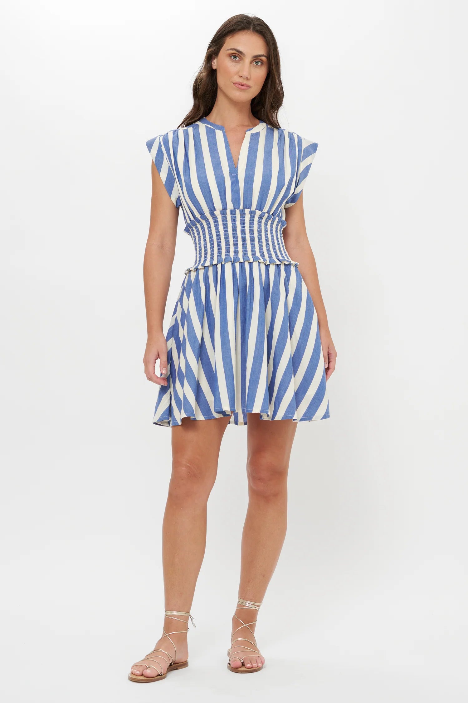 Oliphant Smocked Waist Roll Sleeve Dress - Solana Blue
