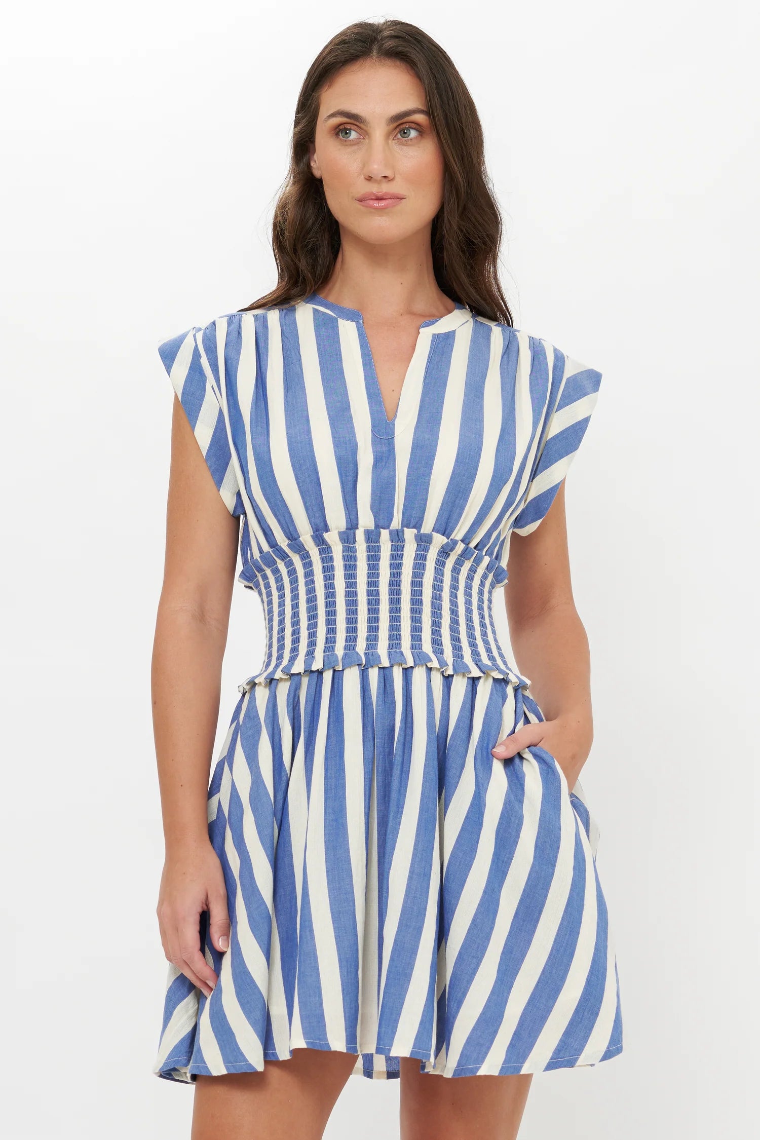Oliphant Smocked Waist Roll Sleeve Dress - Solana Blue