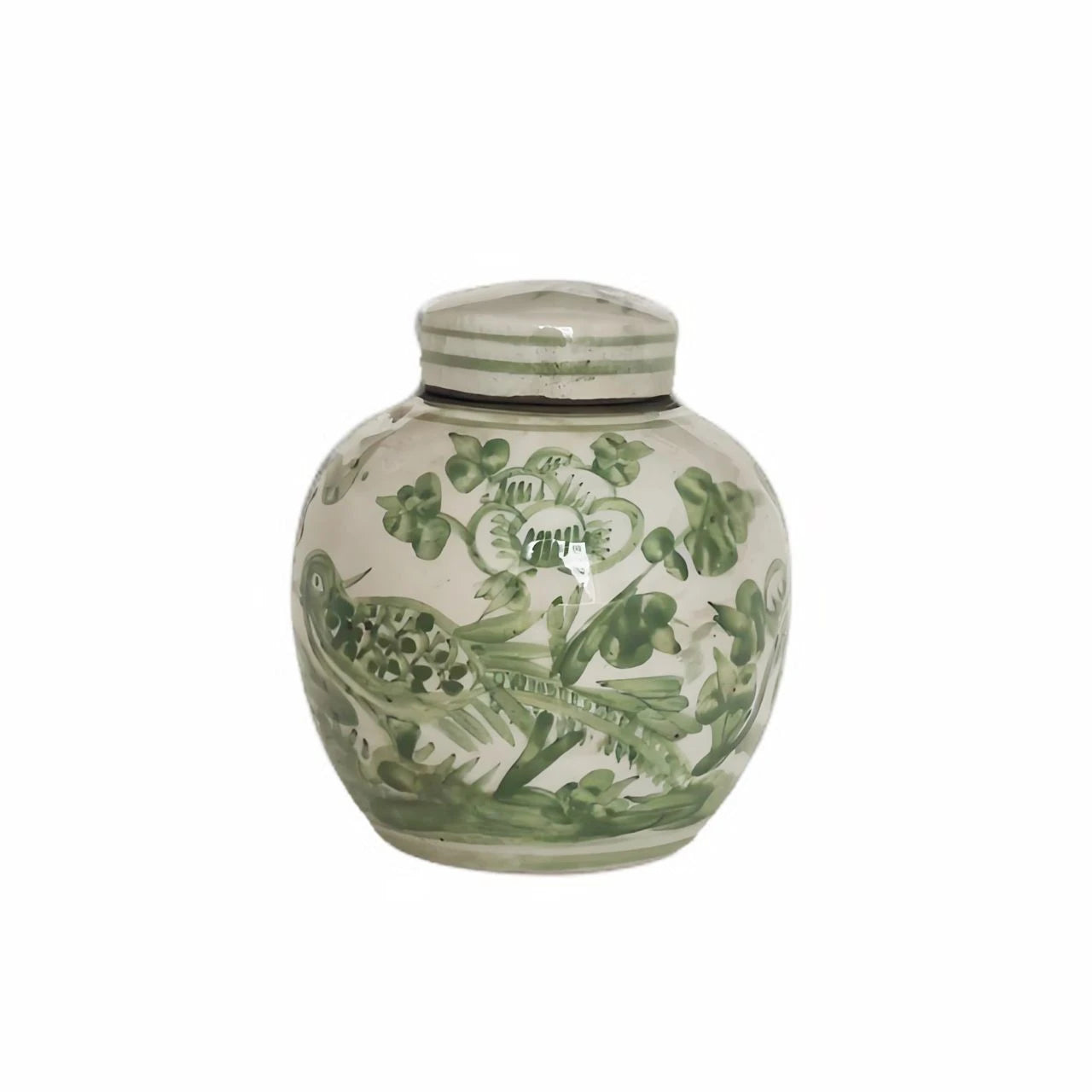 Green & White Porcelain Mini Jar Pheasant Flower Motif