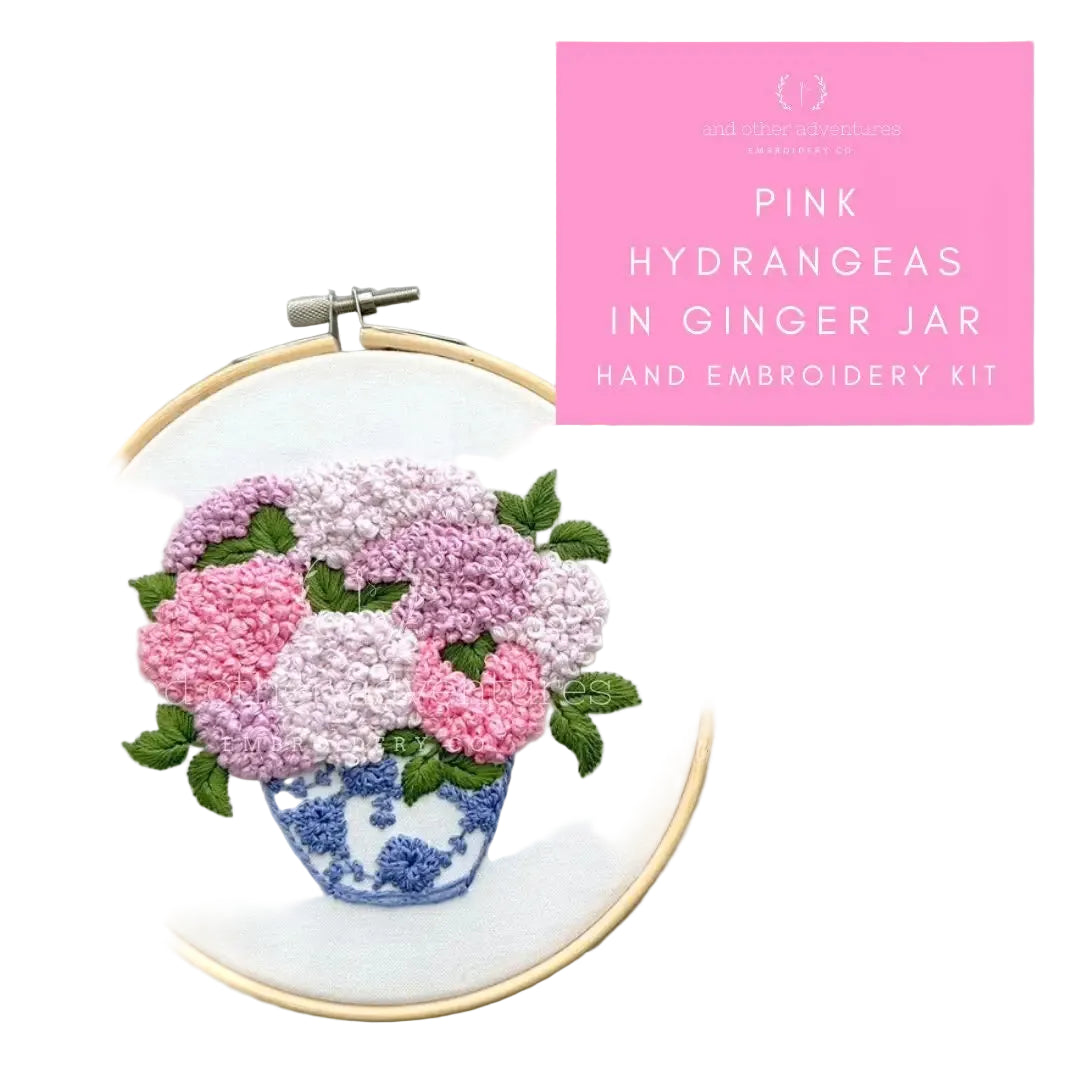 Hand Embroidery Kit - Pink Hydrangeas in Ginger Jar