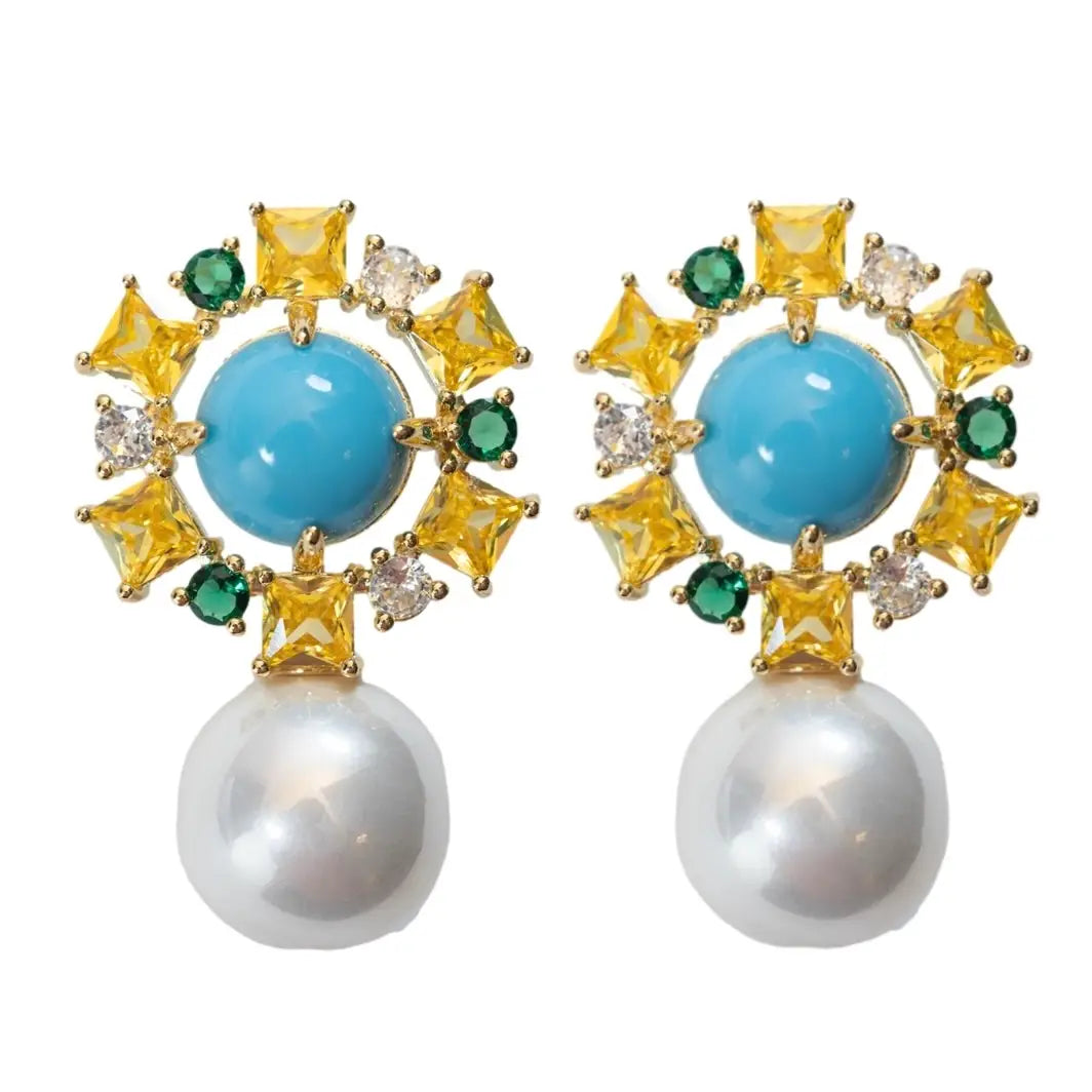 Palm Beach Glam Vintage Pearl Turquoise Statement Earrings