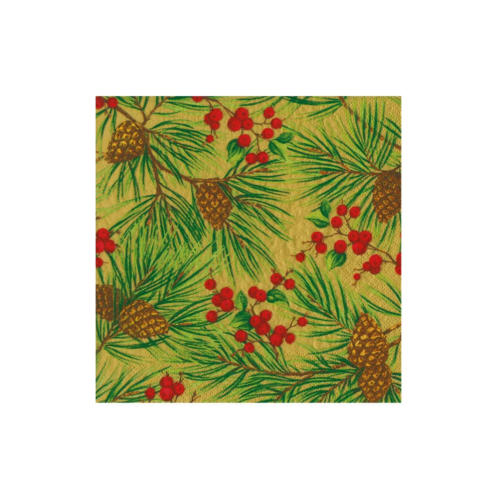 Caspari Evergreen and Berries gold Guest and Cocktail Napkins