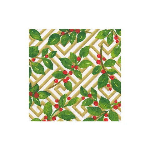 Caspari Holly and Fretwork White Napkins - Cocktail and Guest