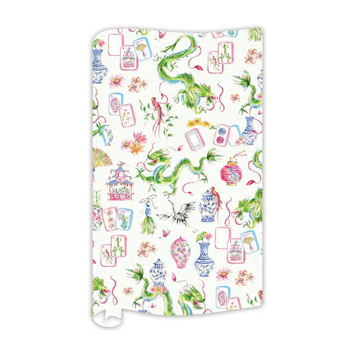Mahjong Dragon Blue Chinoiserie Wrapping Paper