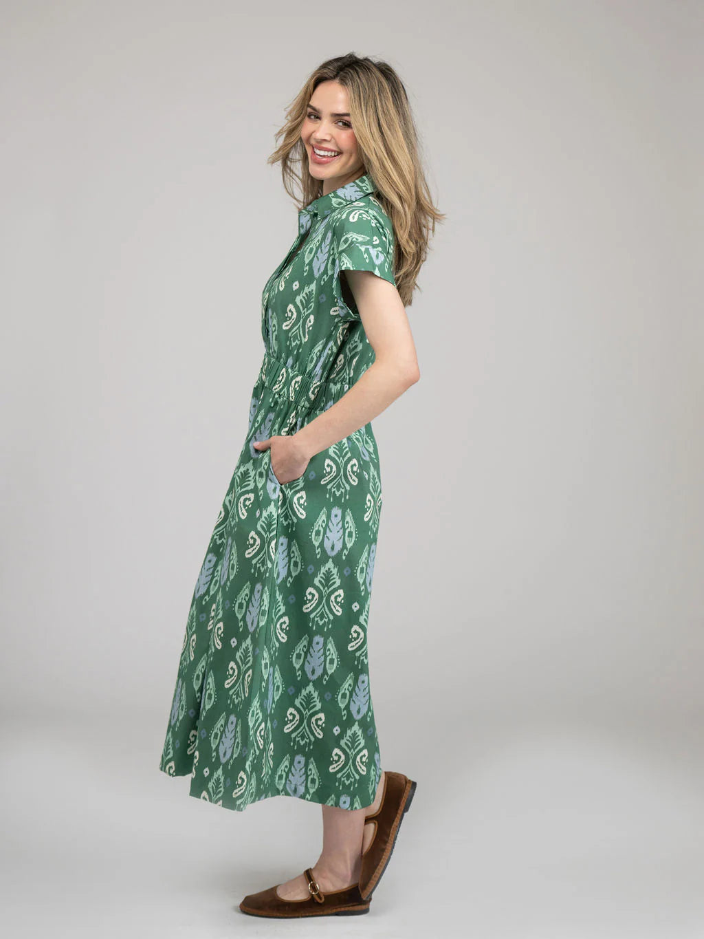 Beau and Ro Lisa Midi Dress - Ikat - Green