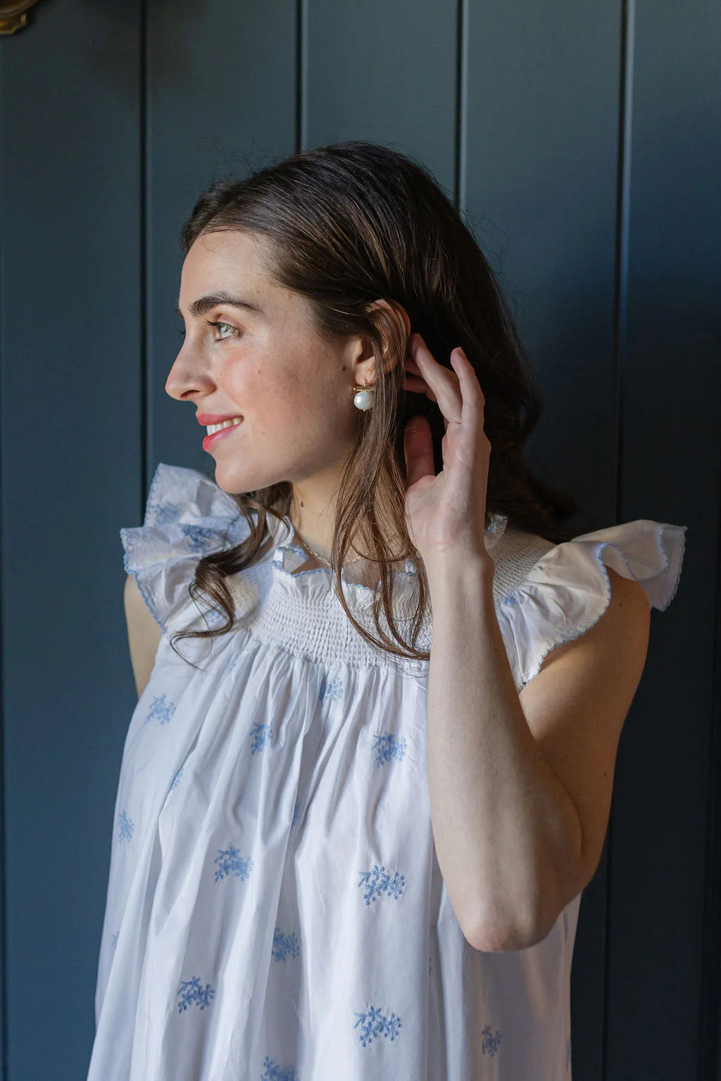 Lenora Nancy Cotton Embroidered Nightgown - Blue