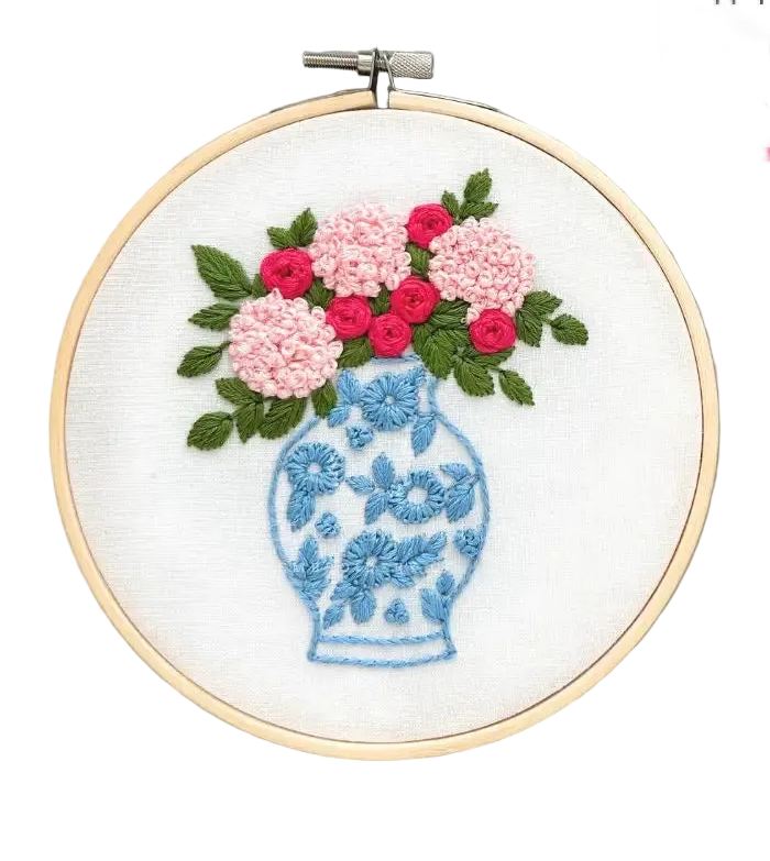 Hand Embroidery Kit - Pink Roses + Hydrangeas in Ginger Jar