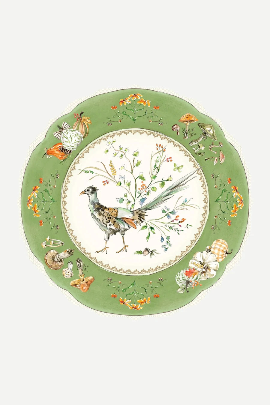 Posh Die-Cut Placemat-Handpainted Green Plate with Pheasant Pumkins and Mushrooms