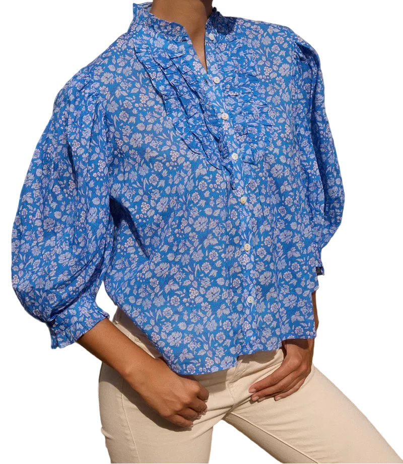 OLIPHANT Ruffle Front Button Blouse - Ditsy Blue