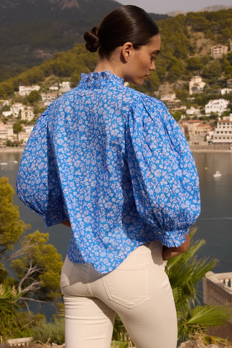 OLIPHANT Ruffle Front Button Blouse - Ditsy Blue