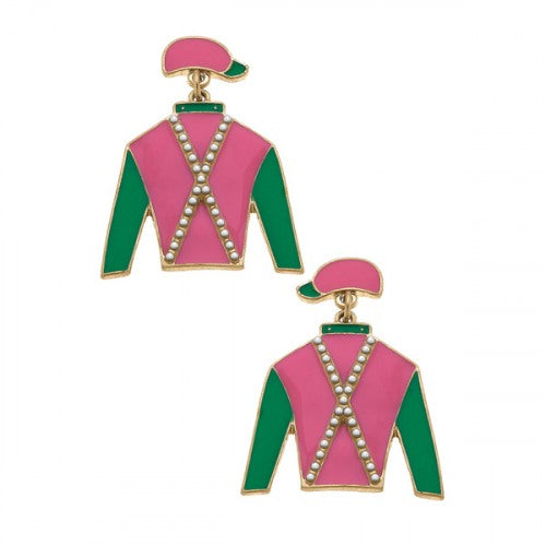 Justify Jockey Silk Enamel Drop Earrings in Pink and Green