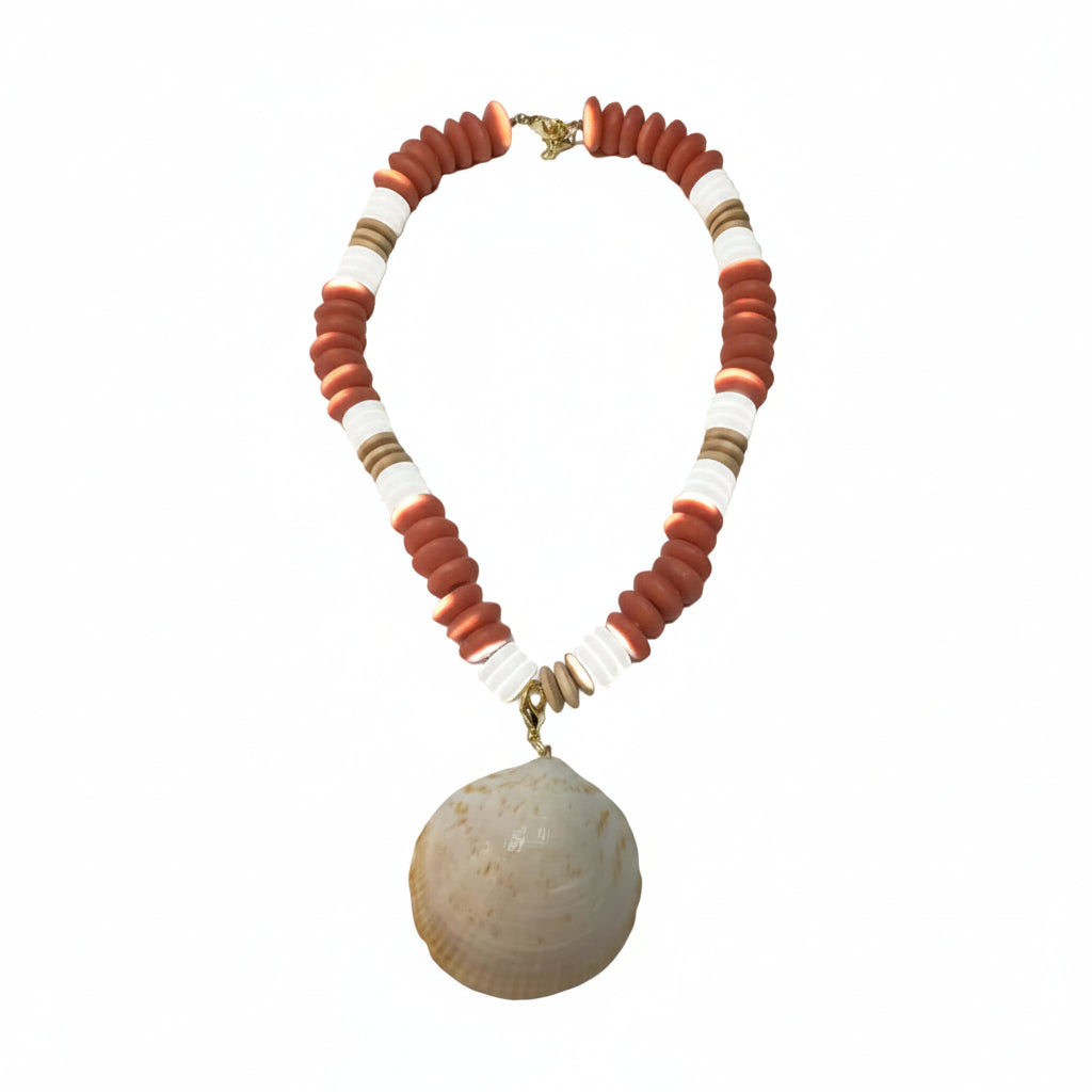Salmon & Cream Seaglass w Wood Bead Necklace