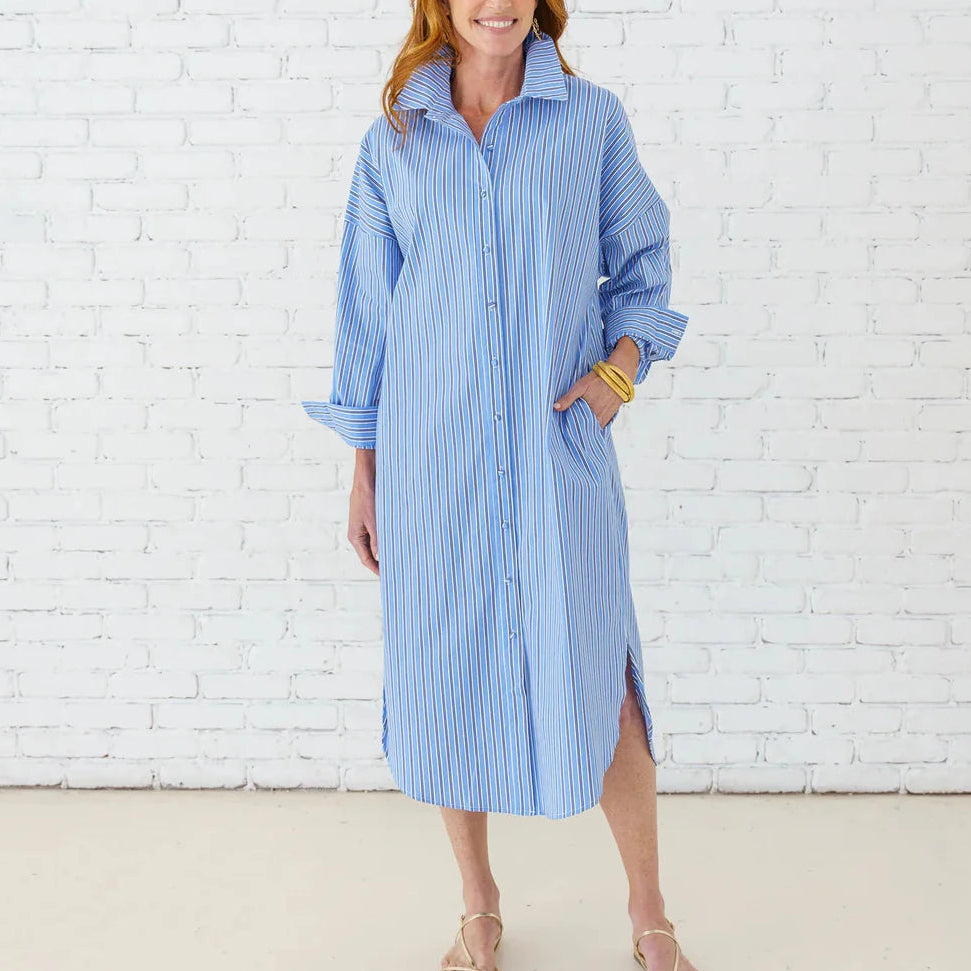 Caryn Lawn Phoebe Dress | Blue/Navy Stripe