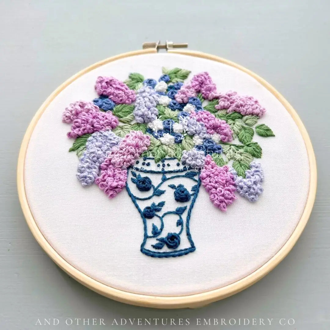 Hand Embroidery Kit - Periwinkle Lilacs in Ginger Jar