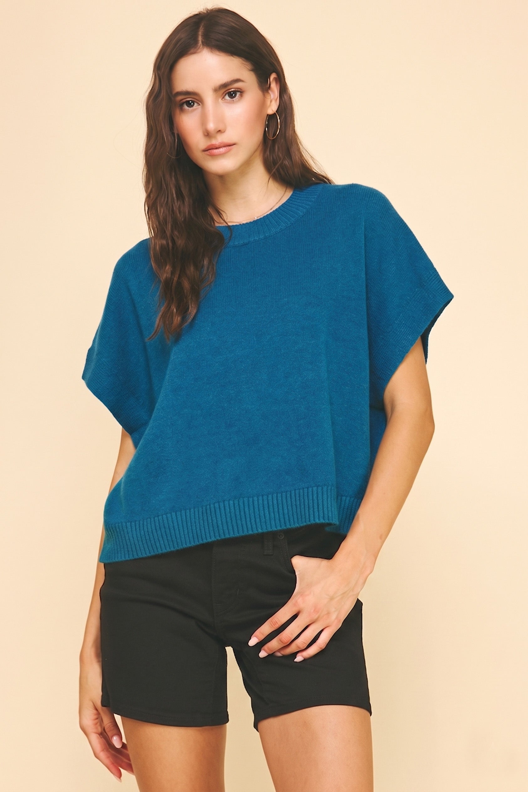 Dropped Shoulder Sweater Top | Teal and Ivory