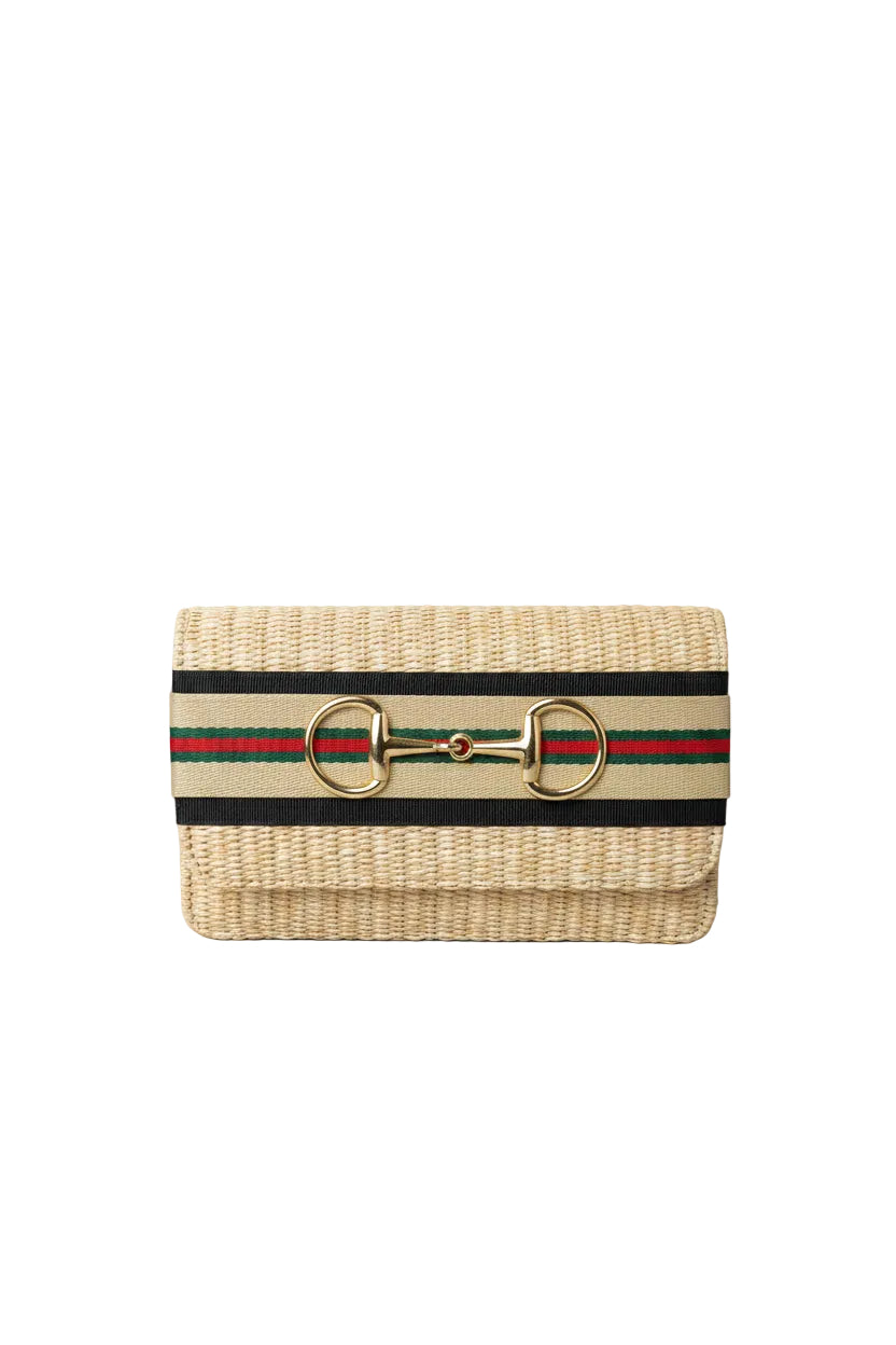 Ruby Straw Clutch -Black/Sand with Gold Snaffle