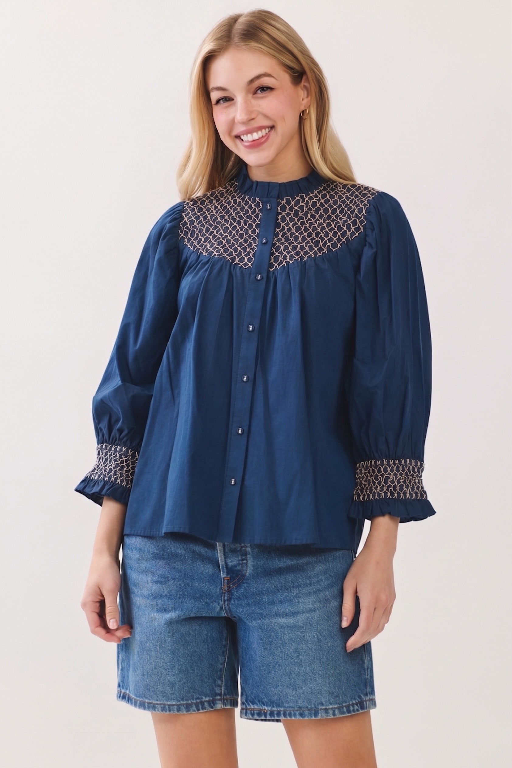 Embroidered Button Down Blouse | Deep Navy