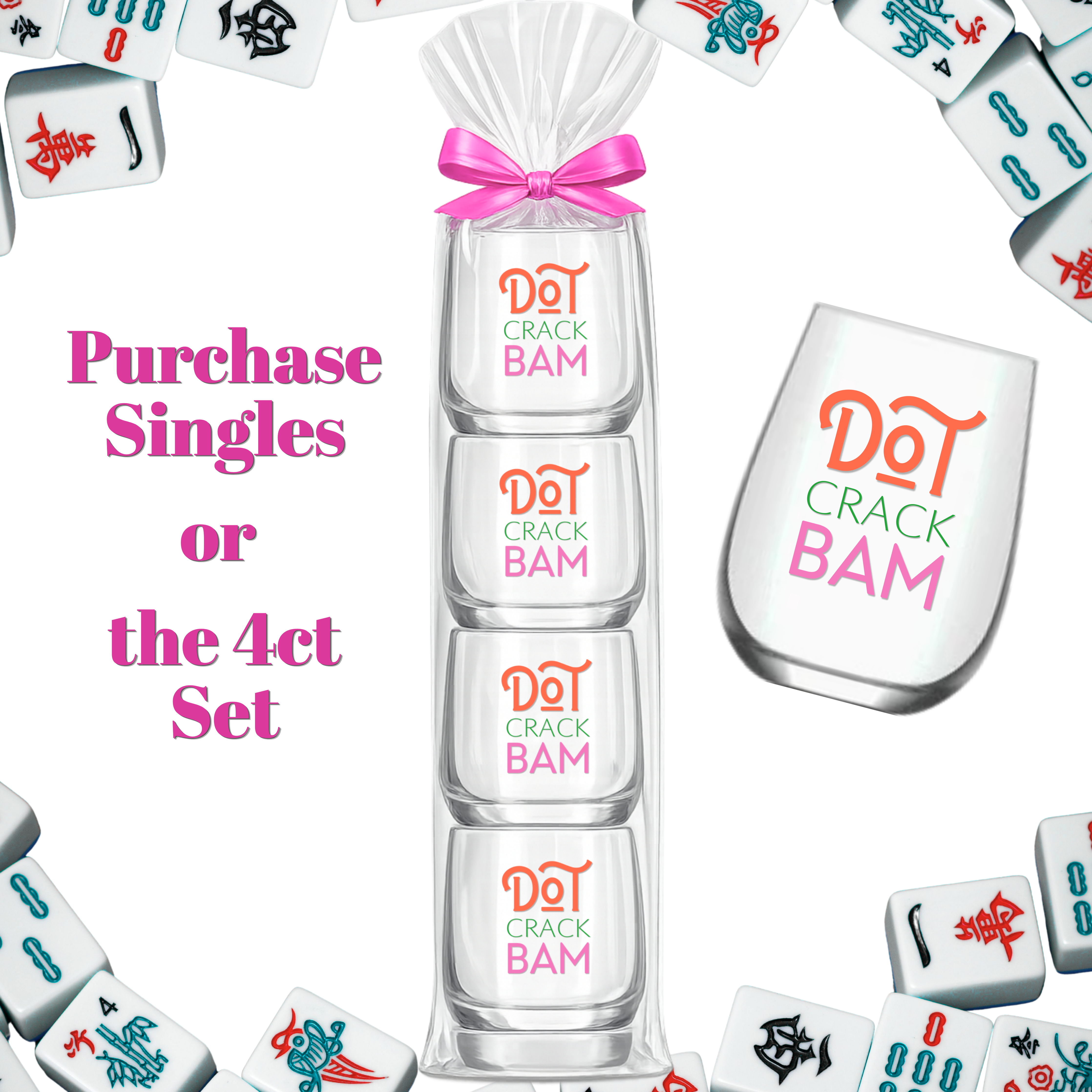 Mahjong Stemless Reusable Wine Glasses "Dot Crack Bam"
