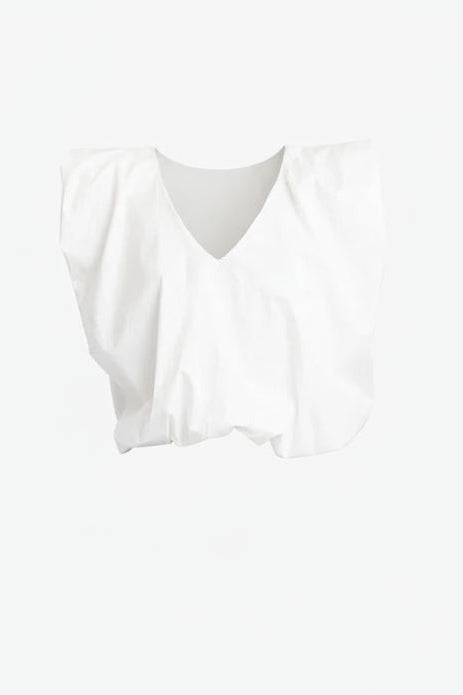 Solid Poplin V-Neck Bubble Top | White