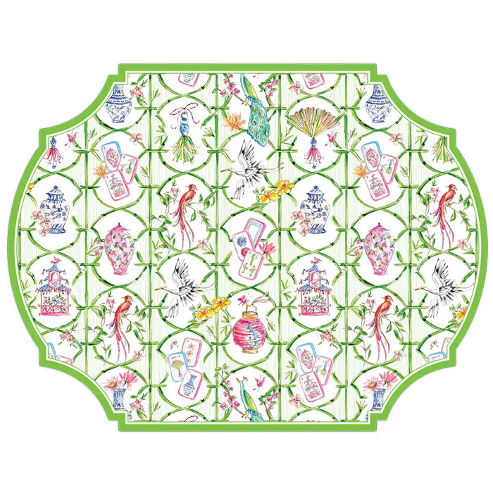 Posh Die Cut Placemat - Mahjong Icons in Green Trellis