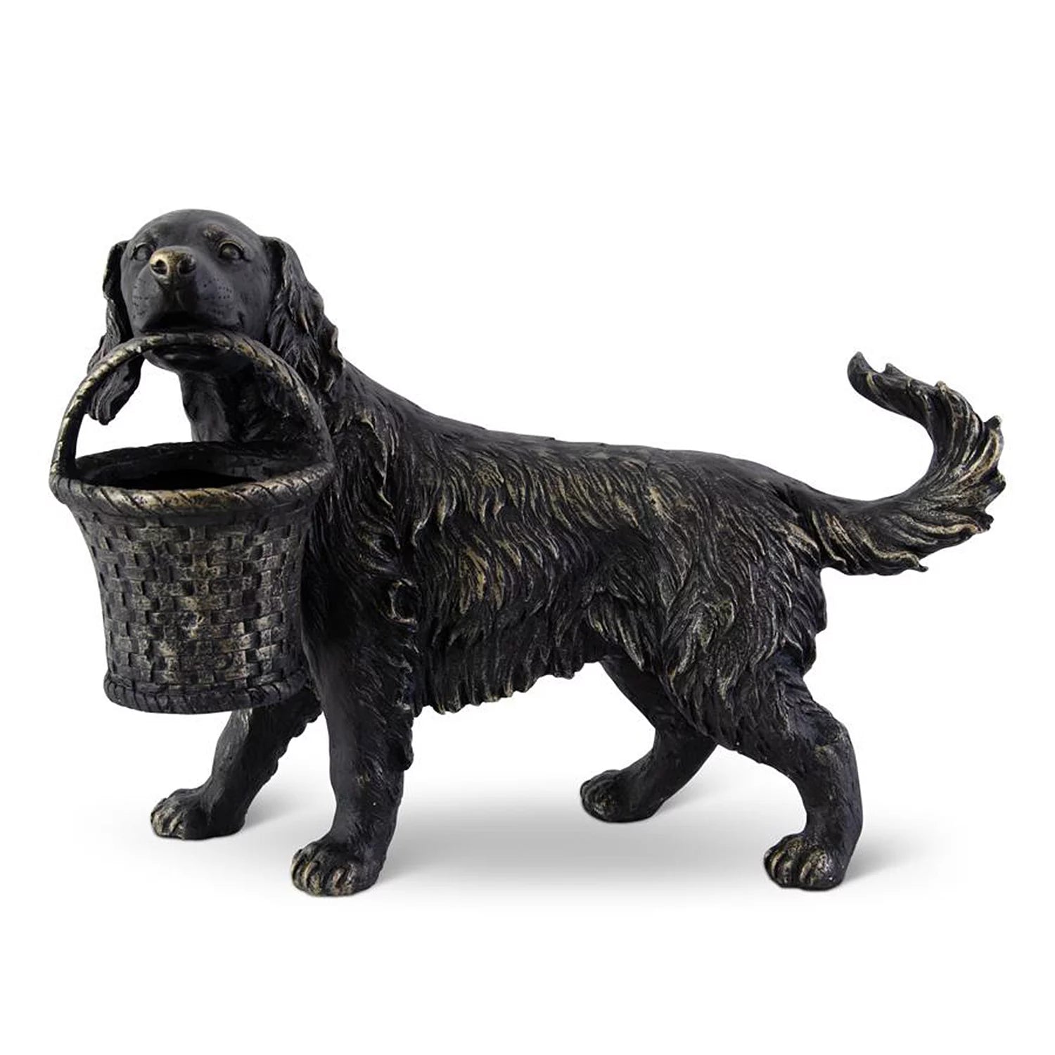 Resin Black & Gold Dog Statue with Basket Planter