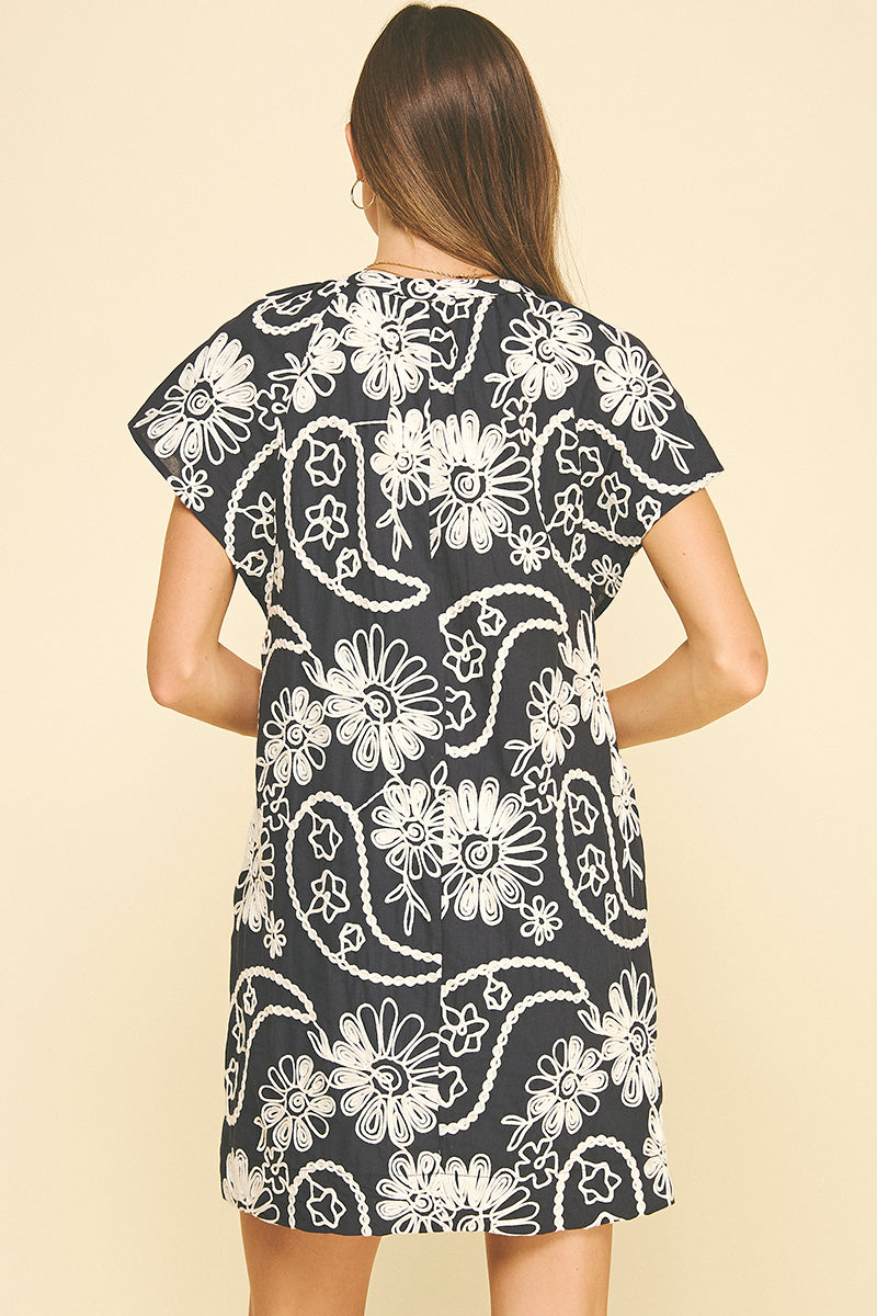 Navy Embroidered Floral Dress