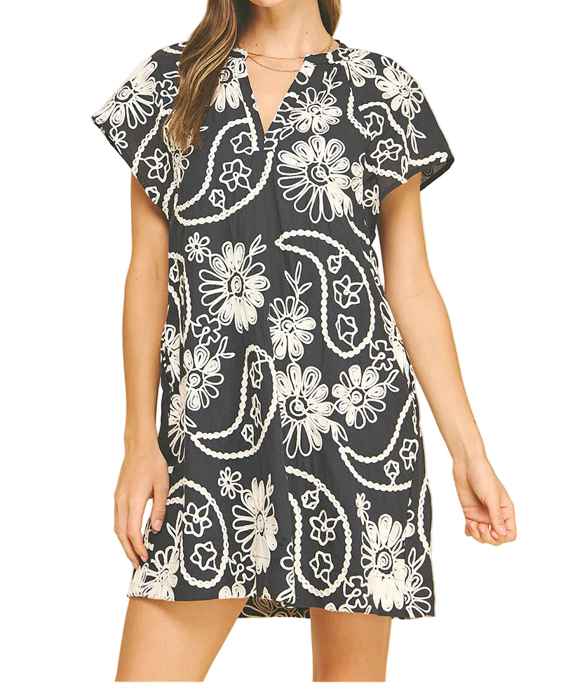 Navy Embroidered Floral Dress
