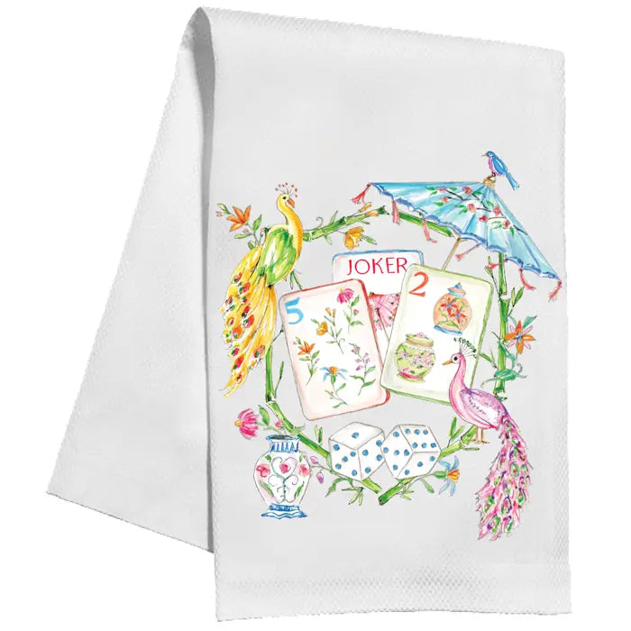 Kitchen Towel - Mahjong Tiles with Colorful Peacocks and Umbrellas