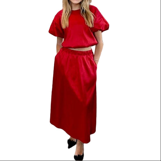 Davina Skirt - Green and Haute Red