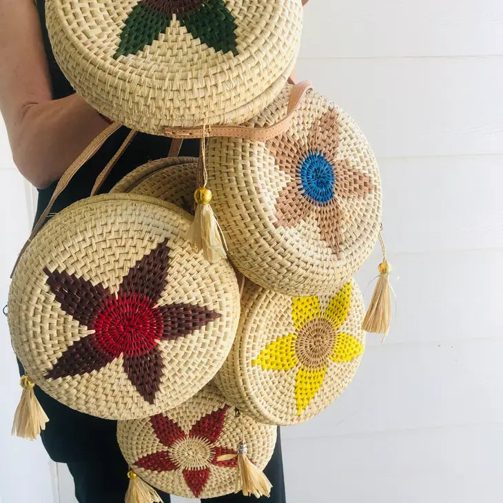 Carmel Crochet Round Flower Straw Crossbody Bag