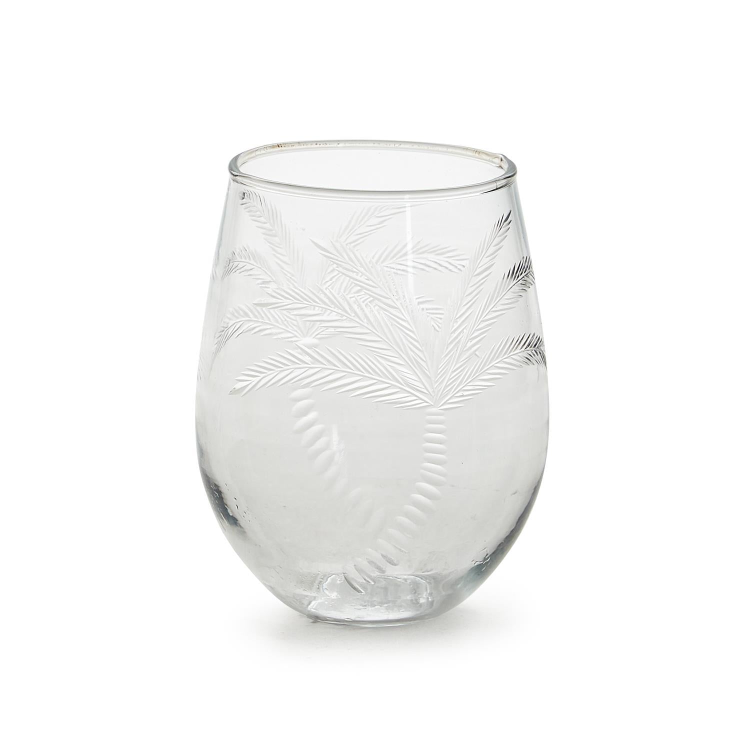 Etched Palm Tree Hand-Blown Stemless Glass