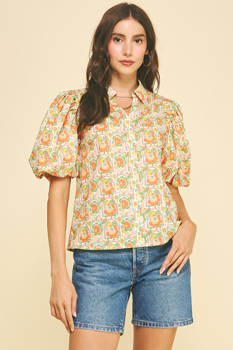 Floral Puffed Sleeve Blouse - Orange Multi