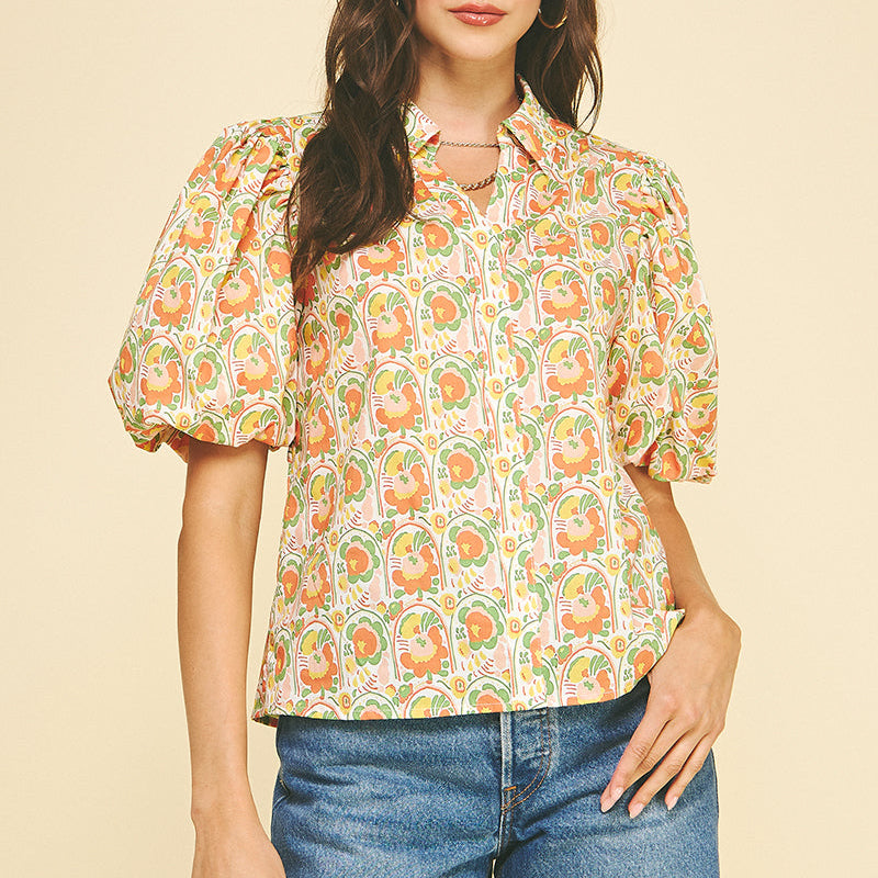 Floral Puffed Sleeve Blouse - Orange Multi