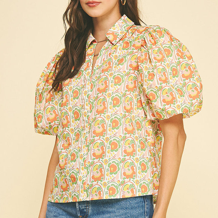 Floral Puffed Sleeve Blouse - Orange Multi
