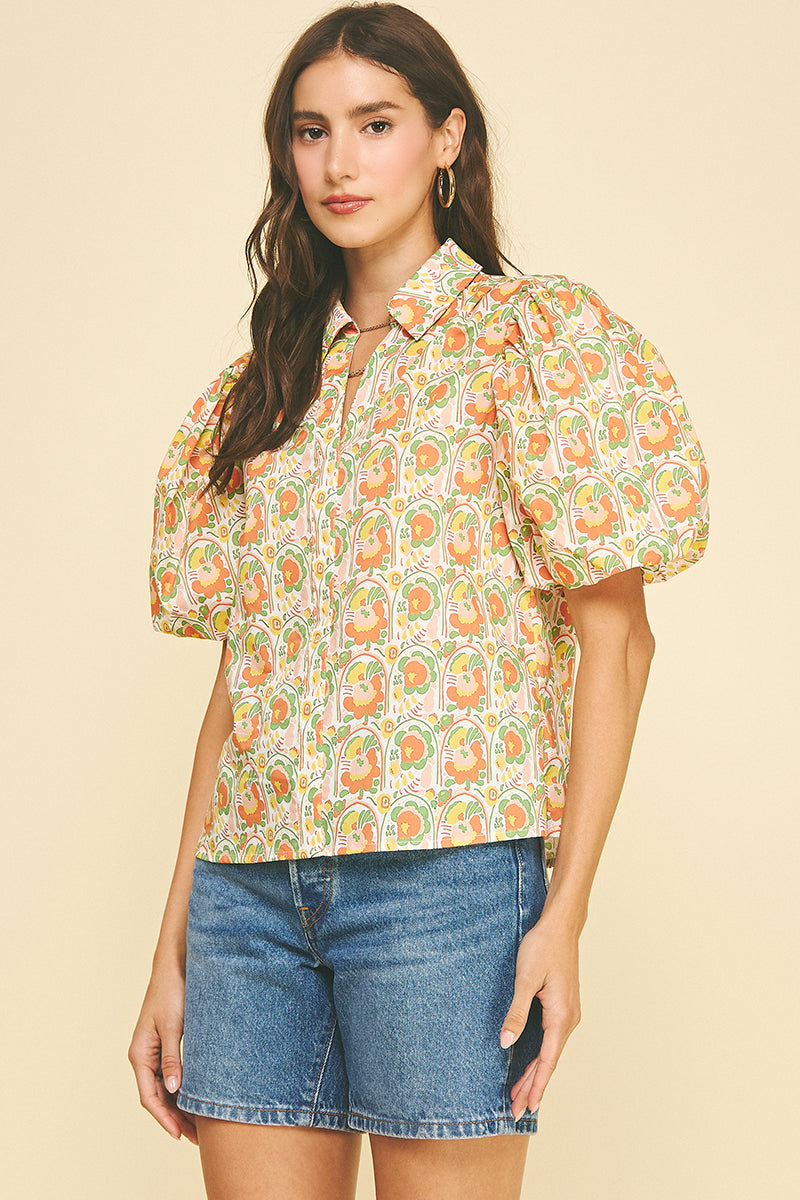 Floral Puffed Sleeve Blouse - Orange Multi