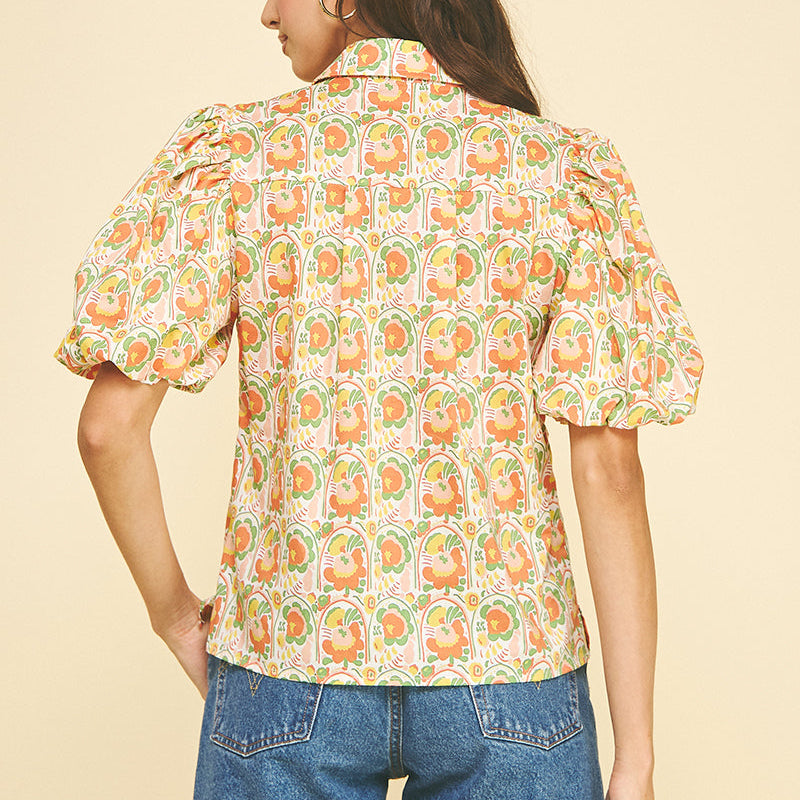 Floral Puffed Sleeve Blouse - Orange Multi
