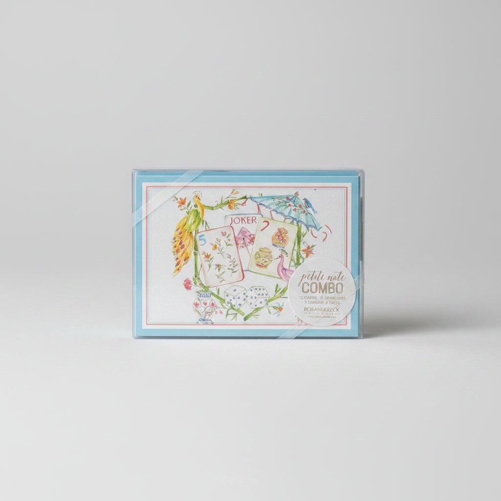 Petite Note Combo - Mahjong Tiles with Peacocks and Blue Bamboo Trellis