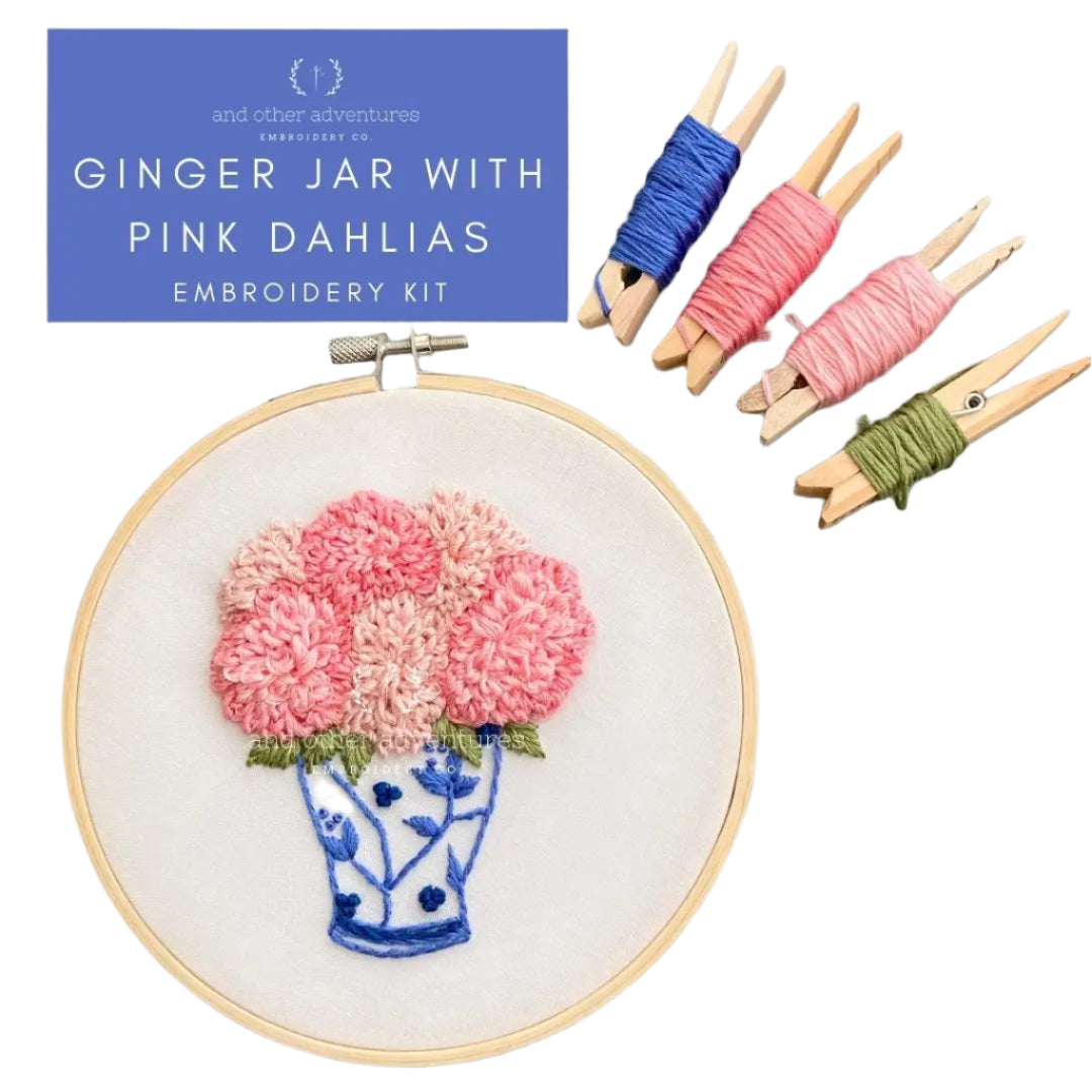 Embroidery Kit - Ginger Jar Pink Dahlias