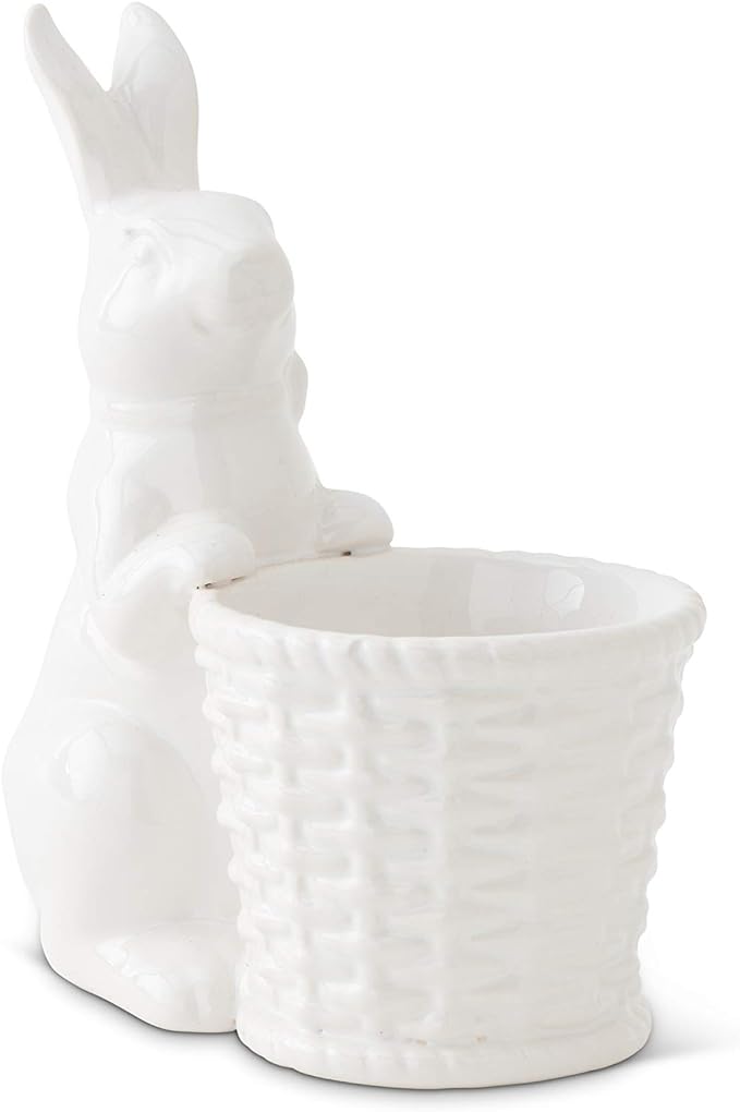 Ceramic Bunny Holding Basket 6" - White