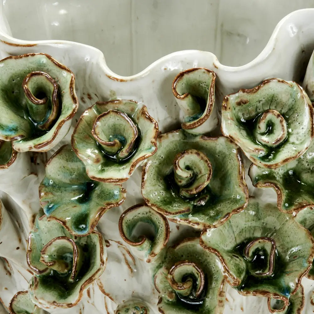 Small White Vase with Green Flower Design