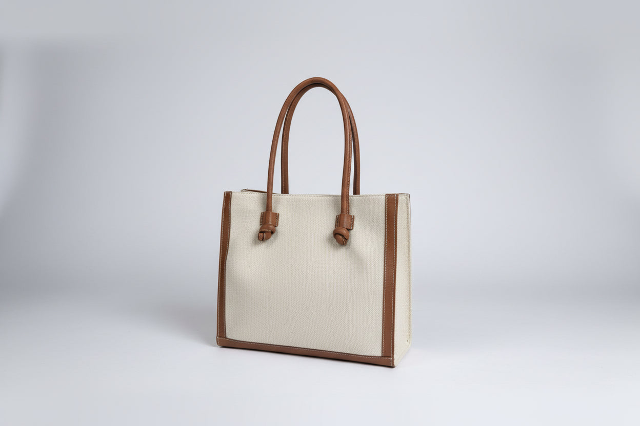Linen Cognac Leather Tote