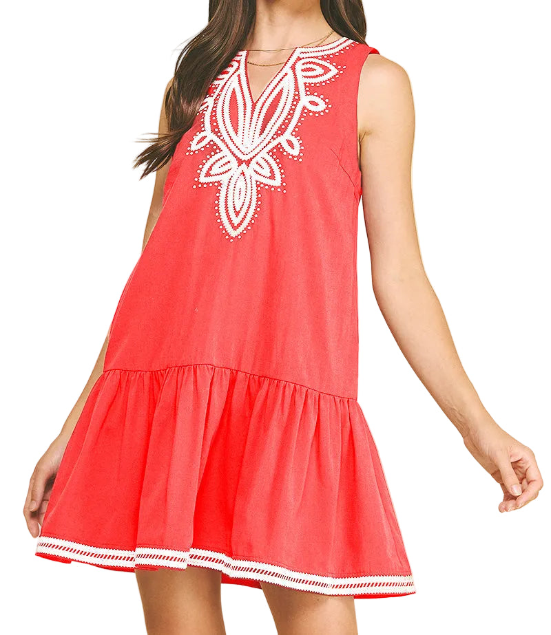 Coral Embroidered Dress