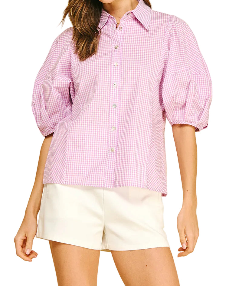 Gingham Button Down Top - Lavender