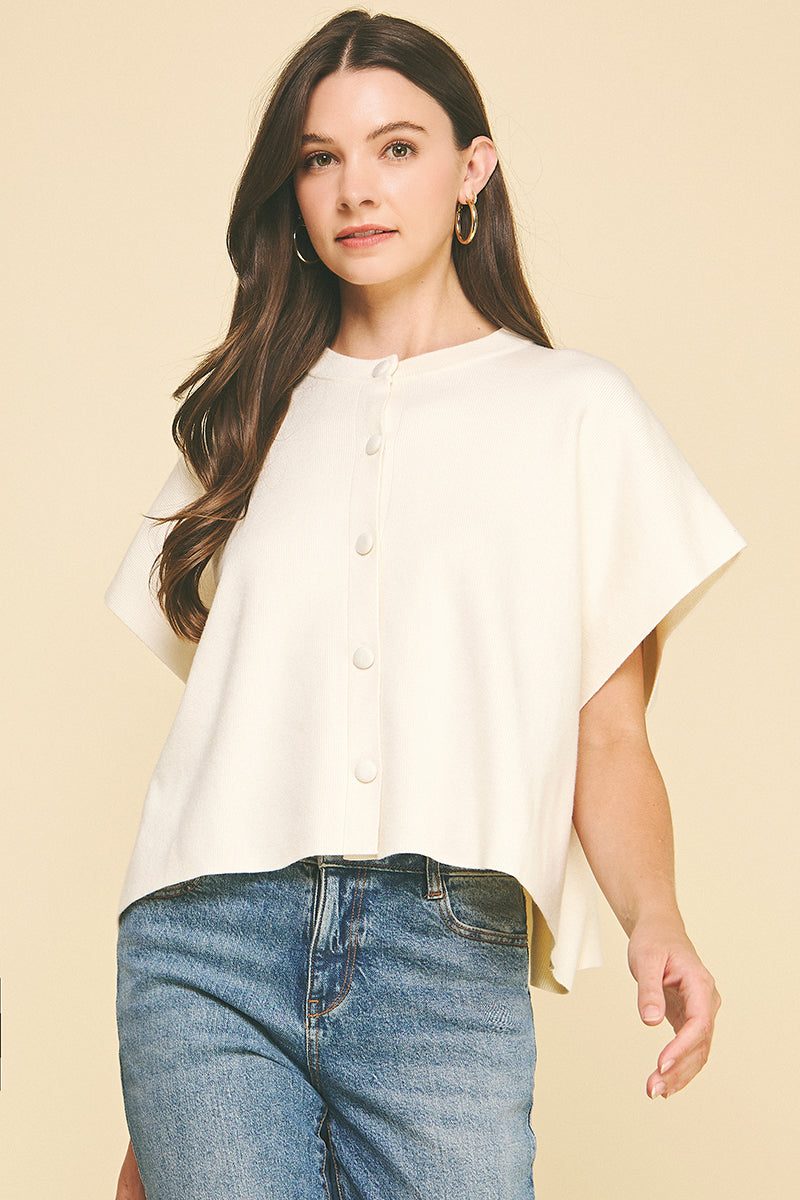 Button Down Cap Sleeve Sweater | Ivory