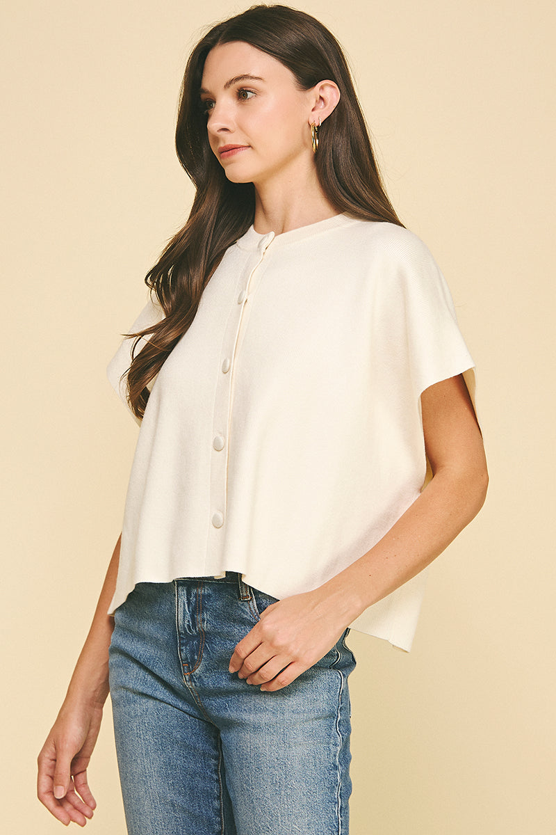 Button Down Cap Sleeve Sweater | Ivory